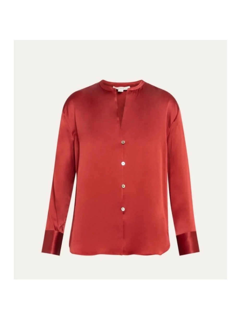 VINCE
Band-Collar Long-Sleeve Silk Blouse size L color dk scarlet.
Button down